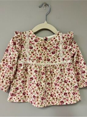 Floral Lace-Accent Long Sleeve Top - Pink